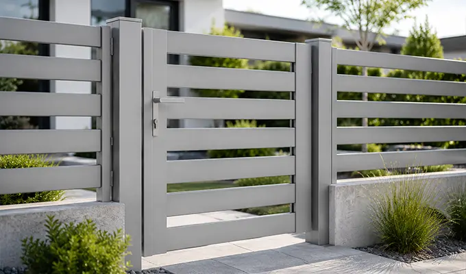 Moderne Aluminiumpforte als Bestandteil einer Zaunanlage bei Berlin