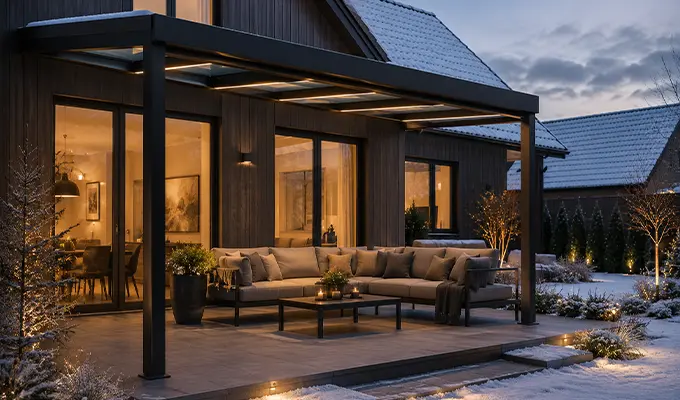 Große Terrassenüberdachung an einem Einfamilienhaus bei winterlichen Bedingungen