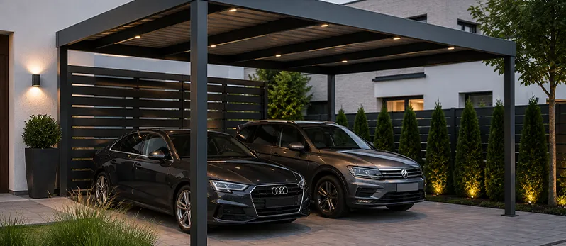 Doppelcarport von MAS ZAUNBAU als individuell gefertigte Stahlkonstruktion für zwei Fahrzeuge
