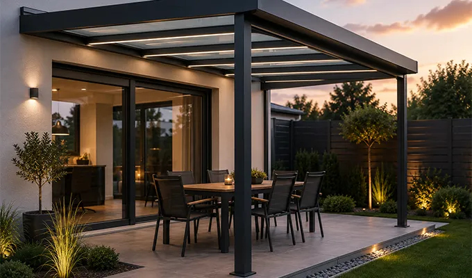 Beleuchtete Terrassenüberdachung an einem klassischen Einfamilienhaus