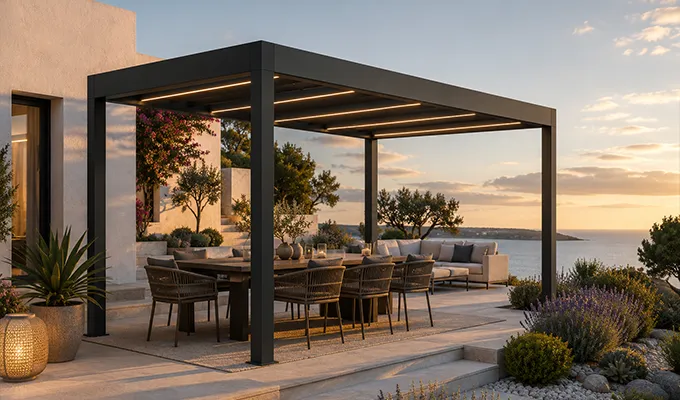 Terrassenüberdachung aus Metall und Glas an einem Wohnhaus direkt am See