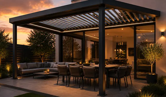 Moderne Metallüberdachung mit Lamellen auf einer beleuchteten Terrasse bei Nacht